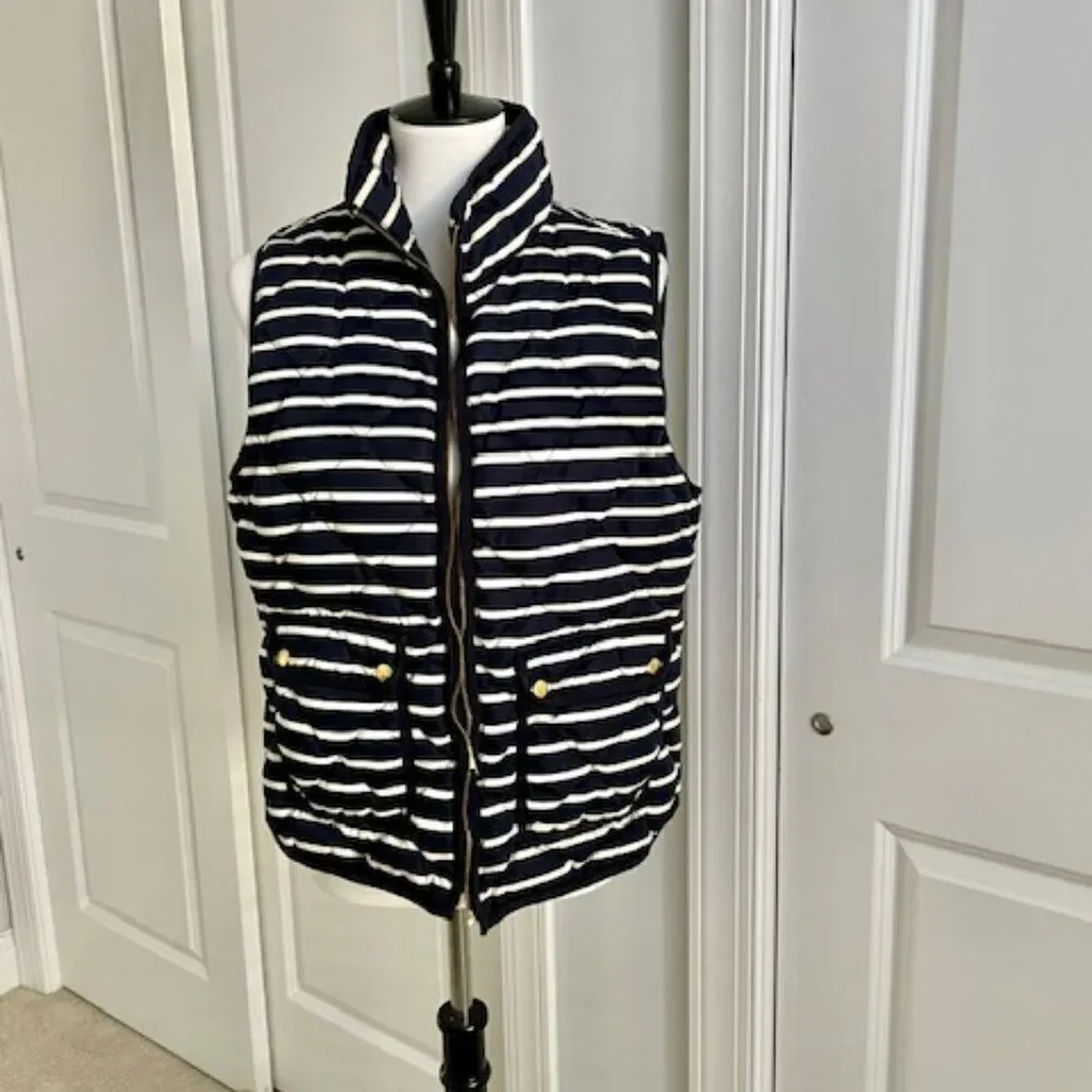 J. Crew Blue White Stripe Women's Puffer Puffy Vest with Pockets Size Large